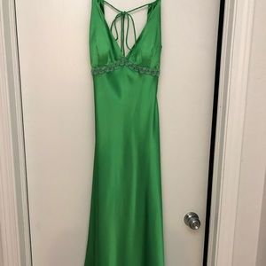 Long green satin prom gown low back & beading